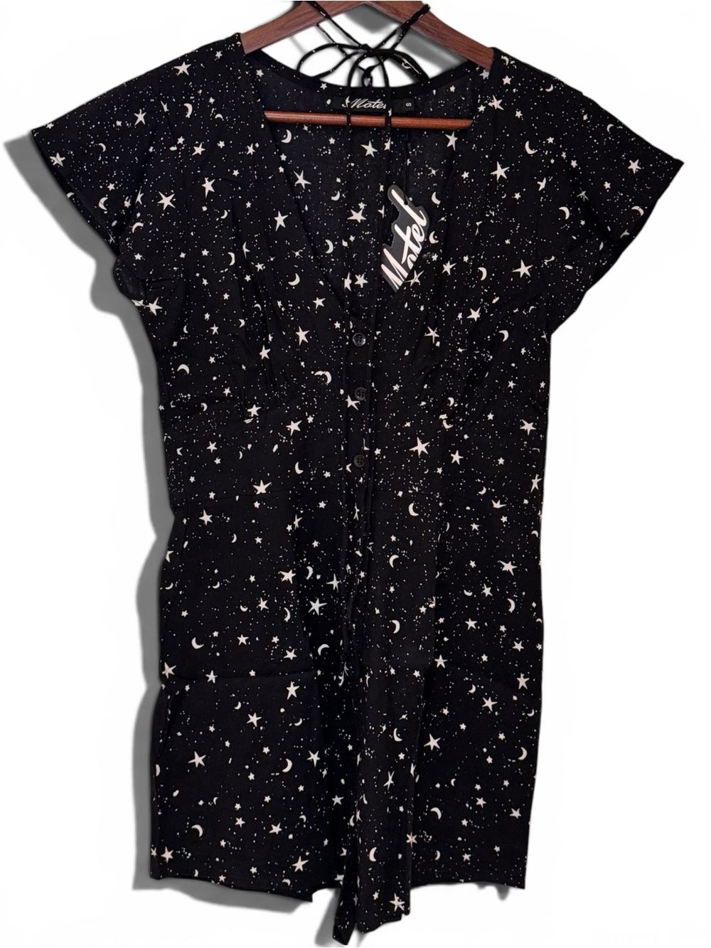 Motel Rocks Cosmo Rayon Ditsy Star & Moon Print Button-Front Romper - Size S NWT